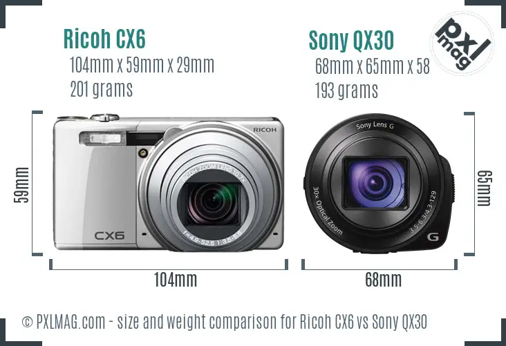 Ricoh CX6 vs Sony QX30 size comparison