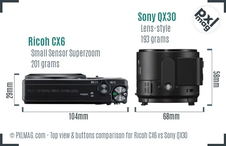 Ricoh CX6 vs Sony QX30 top view buttons comparison