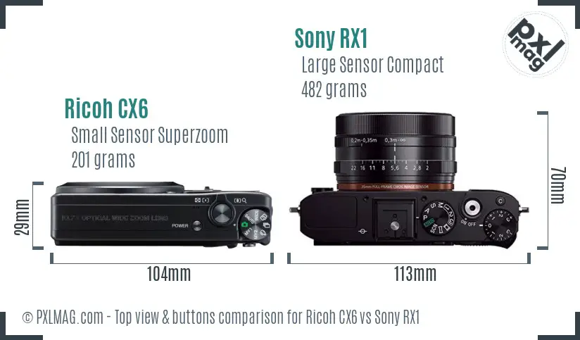 Ricoh CX6 vs Sony RX1 top view buttons comparison