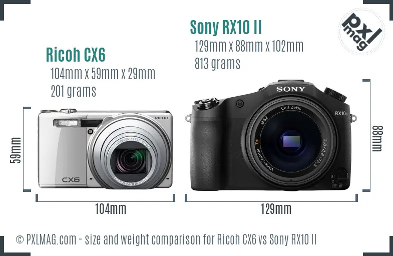 Ricoh CX6 vs Sony RX10 II size comparison