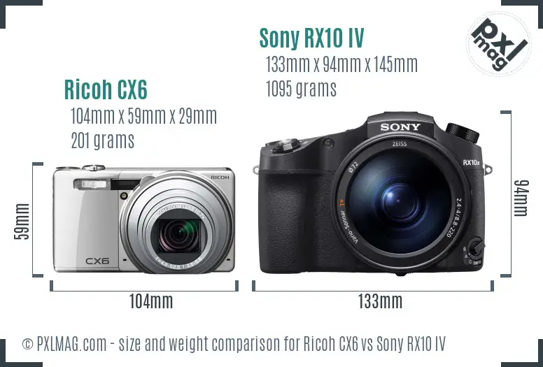 Ricoh CX6 vs Sony RX10 IV size comparison