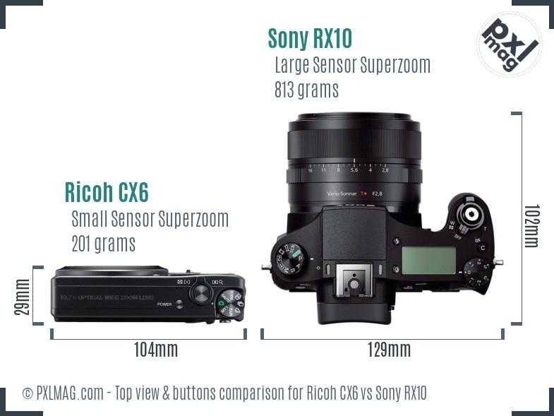 Ricoh CX6 vs Sony RX10 top view buttons comparison