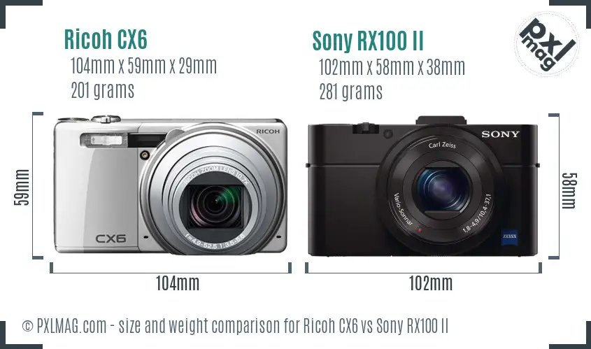 Ricoh CX6 vs Sony RX100 II size comparison