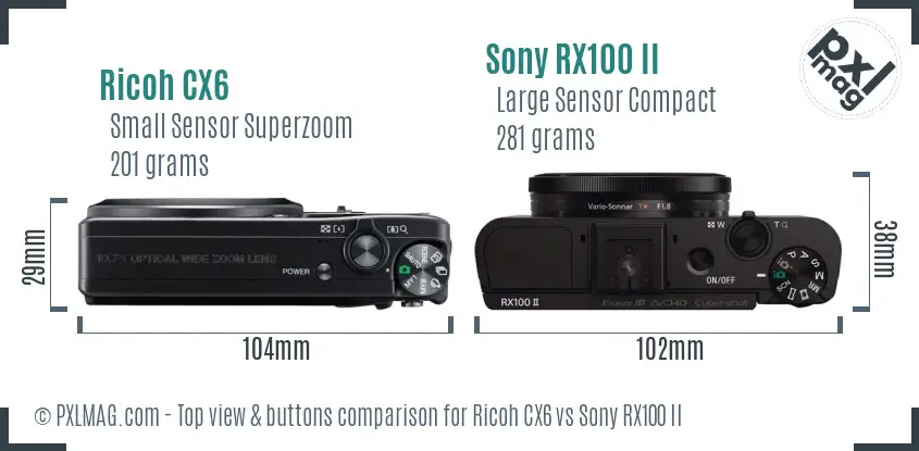 Ricoh CX6 vs Sony RX100 II top view buttons comparison