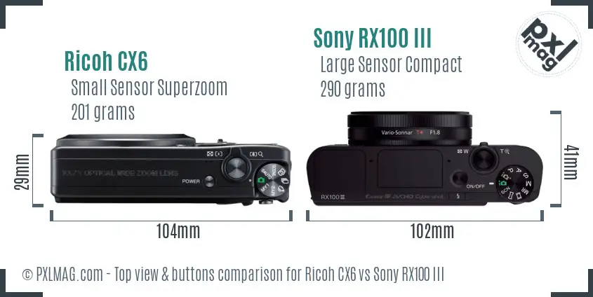 Ricoh CX6 vs Sony RX100 III top view buttons comparison Ricoh CX6 vs Sony RX100 III top view buttons comparison