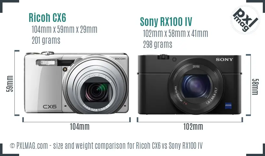 Ricoh CX6 vs Sony RX100 IV size comparison