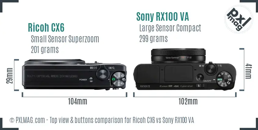 Ricoh CX6 vs Sony RX100 VA top view buttons comparison
