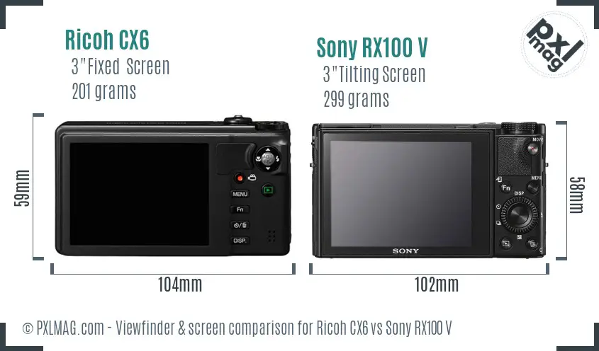 Ricoh CX6 vs Sony RX100 V Screen and Viewfinder comparison