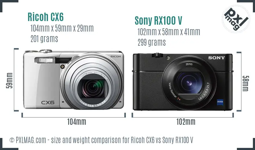 Ricoh CX6 vs Sony RX100 V size comparison