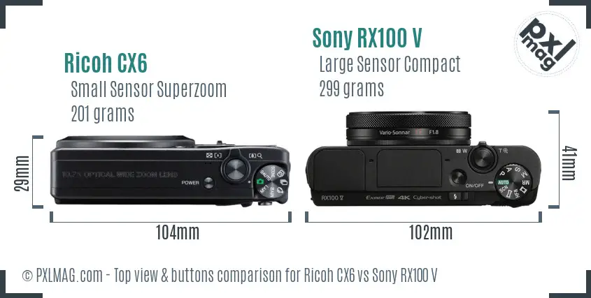 Ricoh CX6 vs Sony RX100 V top view buttons comparison