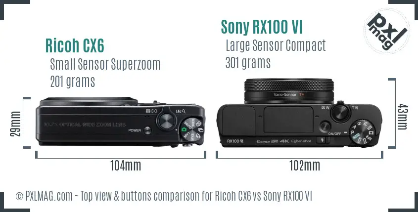 Ricoh CX6 vs Sony RX100 VI top view buttons comparison