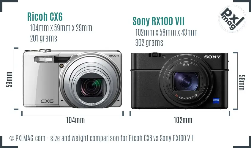Ricoh CX6 vs Sony RX100 VII size comparison