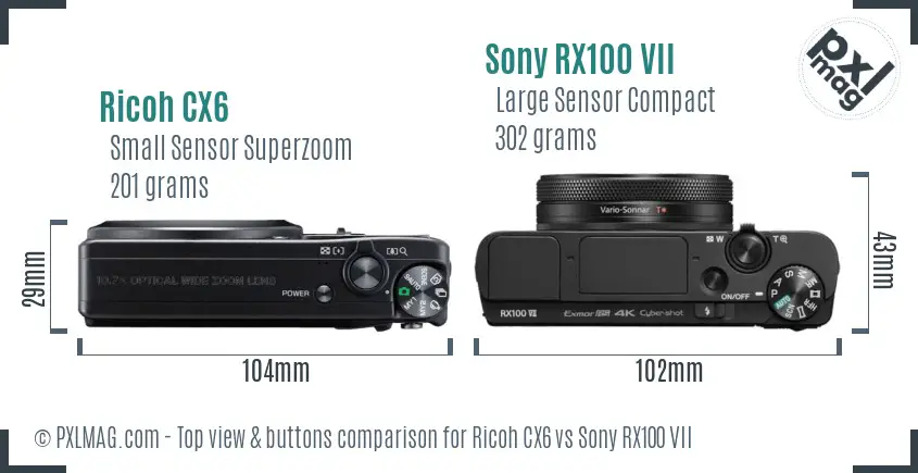 Ricoh CX6 vs Sony RX100 VII top view buttons comparison