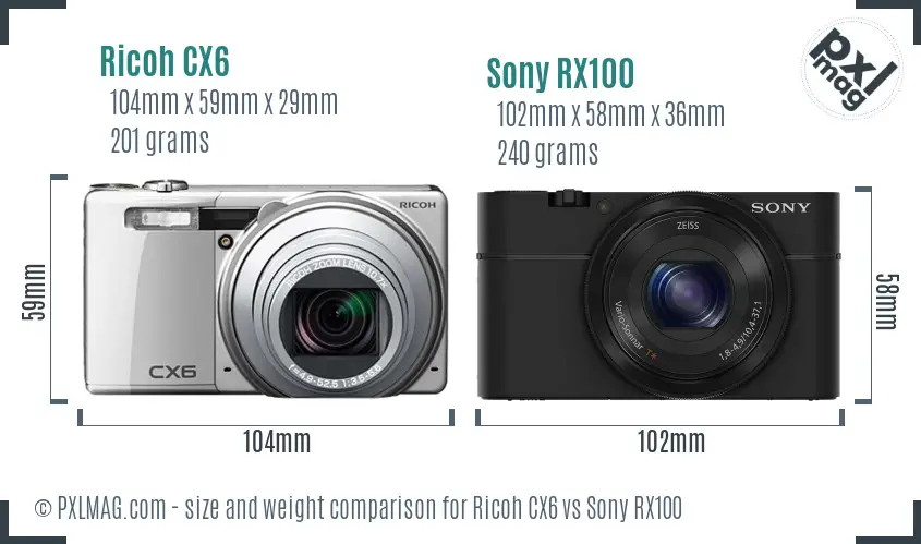 Ricoh CX6 vs Sony RX100 size comparison