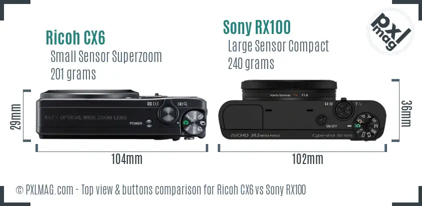 Ricoh CX6 vs Sony RX100 top view buttons comparison