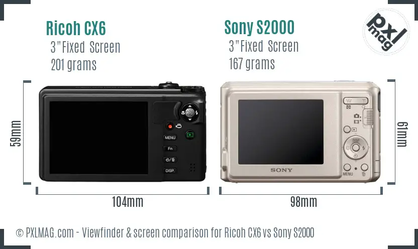 Ricoh CX6 vs Sony S2000 Screen and Viewfinder comparison