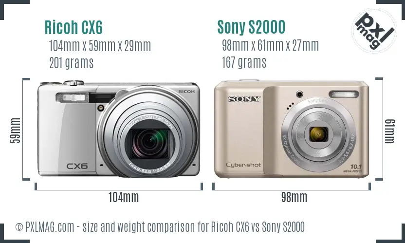 Ricoh CX6 vs Sony S2000 size comparison