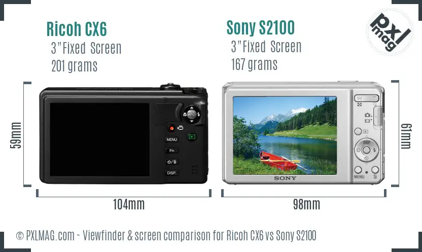 Ricoh CX6 vs Sony S2100 Screen and Viewfinder comparison