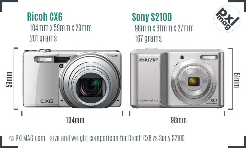 Ricoh CX6 vs Sony S2100 size comparison
