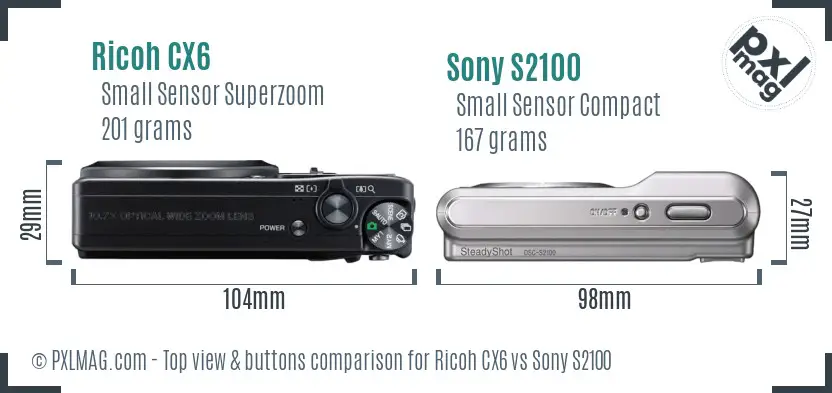 Ricoh CX6 vs Sony S2100 top view buttons comparison