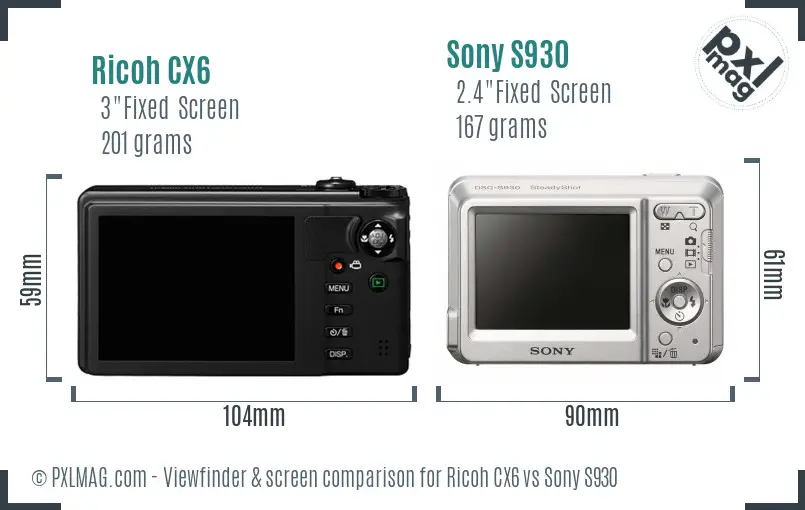 Ricoh CX6 vs Sony S930 Screen and Viewfinder comparison