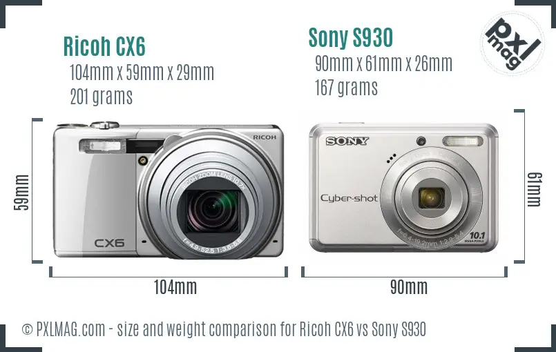 Ricoh CX6 vs Sony S930 size comparison