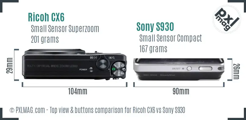 Ricoh CX6 vs Sony S930 top view buttons comparison
