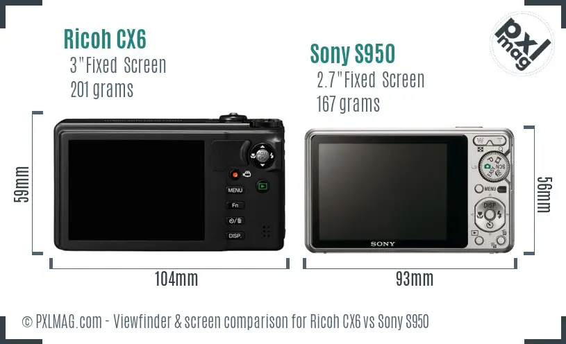 Ricoh CX6 vs Sony S950 Screen and Viewfinder comparison