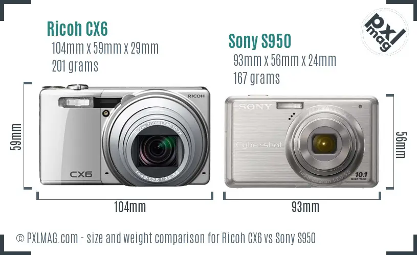 Ricoh CX6 vs Sony S950 size comparison