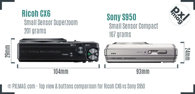Ricoh CX6 vs Sony S950 top view buttons comparison