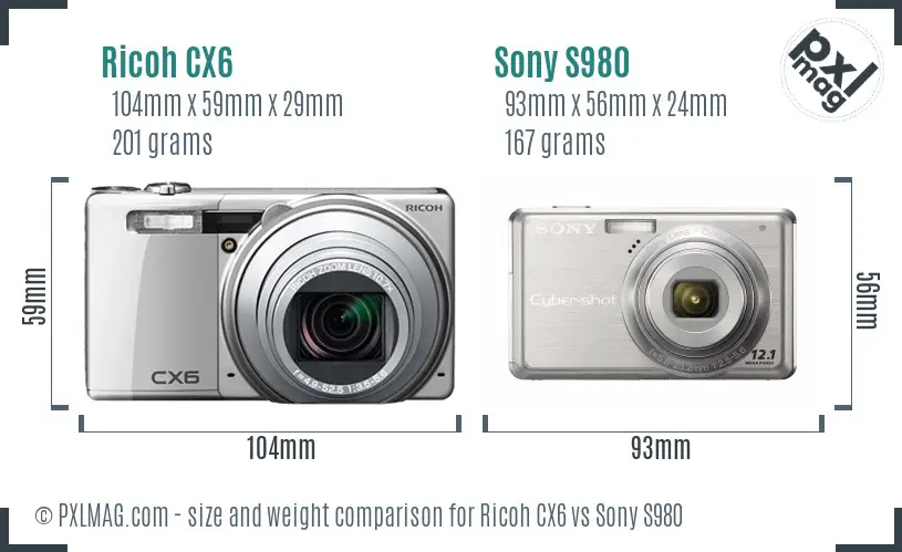 Ricoh CX6 vs Sony S980 size comparison