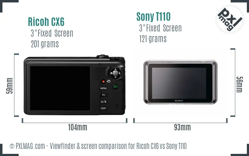Ricoh CX6 vs Sony T110 Screen and Viewfinder comparison