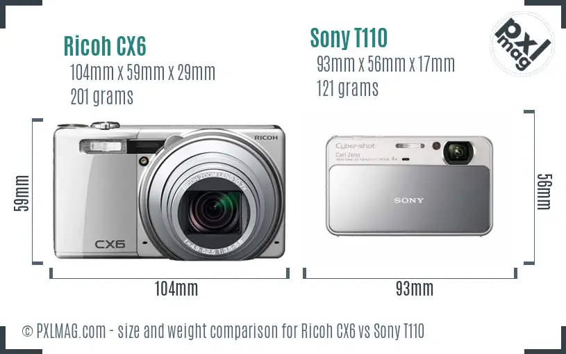 Ricoh CX6 vs Sony T110 size comparison