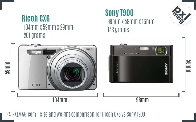 Ricoh CX6 vs Sony T900 size comparison