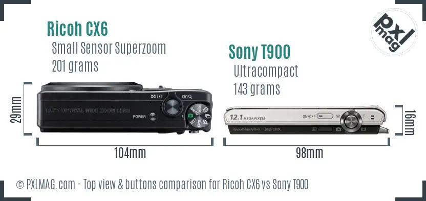 Ricoh CX6 vs Sony T900 top view buttons comparison