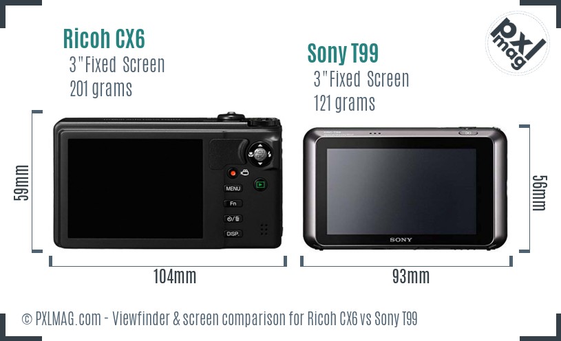 Ricoh CX6 vs Sony T99 Screen and Viewfinder comparison