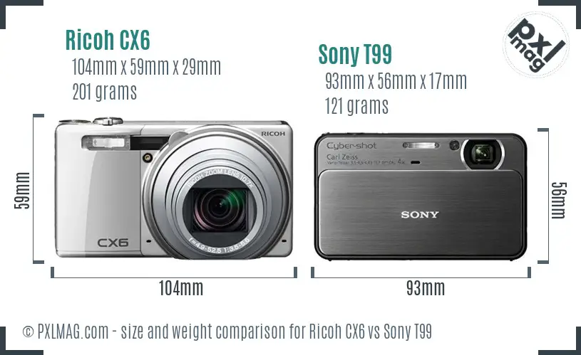 Ricoh CX6 vs Sony T99 size comparison