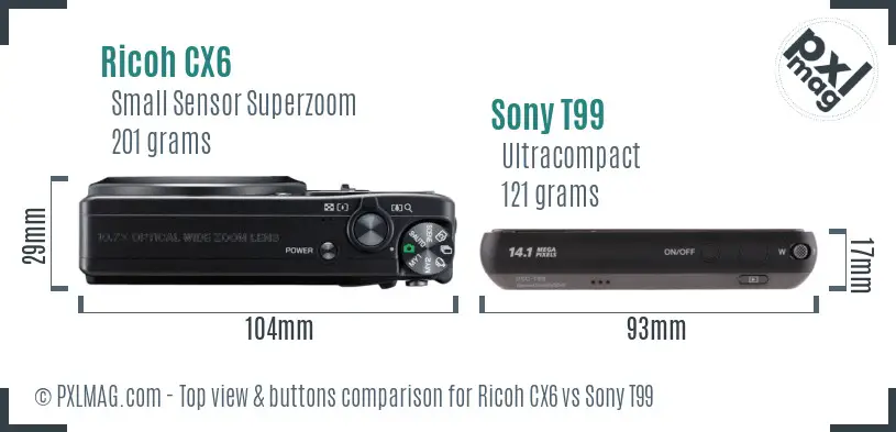 Ricoh CX6 vs Sony T99 top view buttons comparison