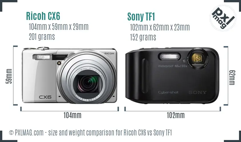 Ricoh CX6 vs Sony TF1 size comparison