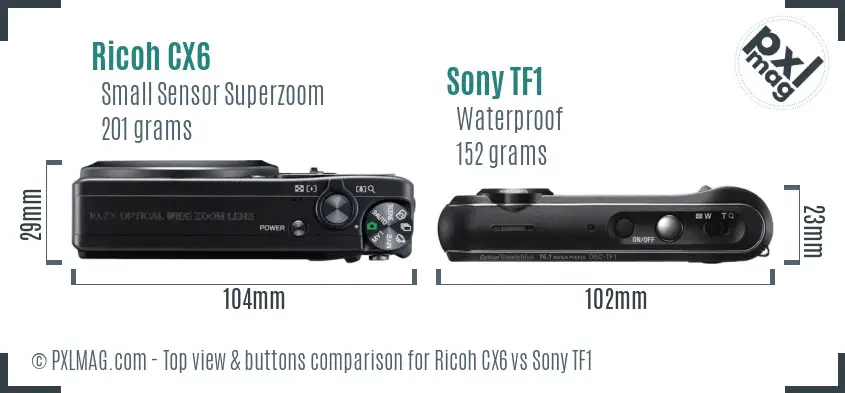 Ricoh CX6 vs Sony TF1 top view buttons comparison