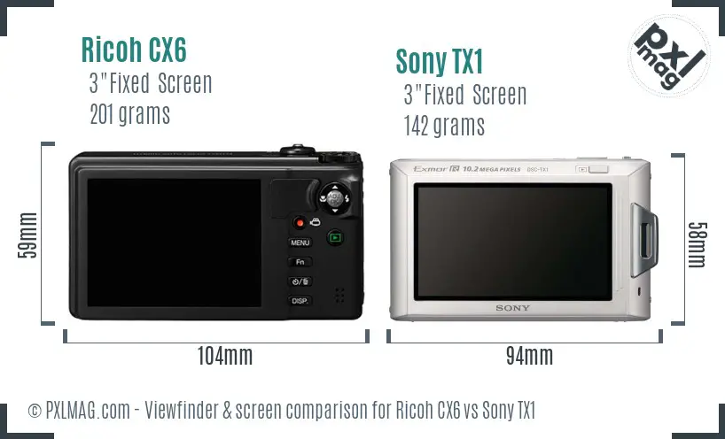 Ricoh CX6 vs Sony TX1 Screen and Viewfinder comparison