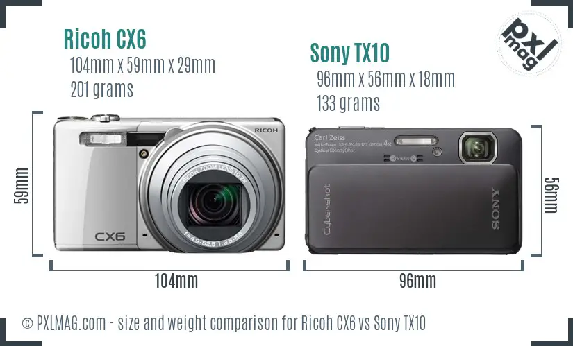 Ricoh CX6 vs Sony TX10 size comparison
