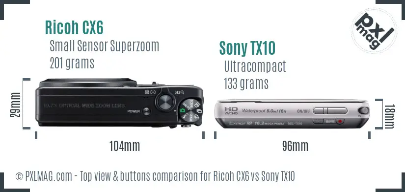 Ricoh CX6 vs Sony TX10 top view buttons comparison