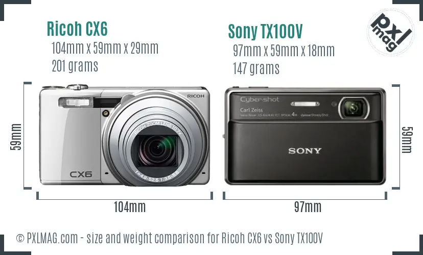 Ricoh CX6 vs Sony TX100V size comparison