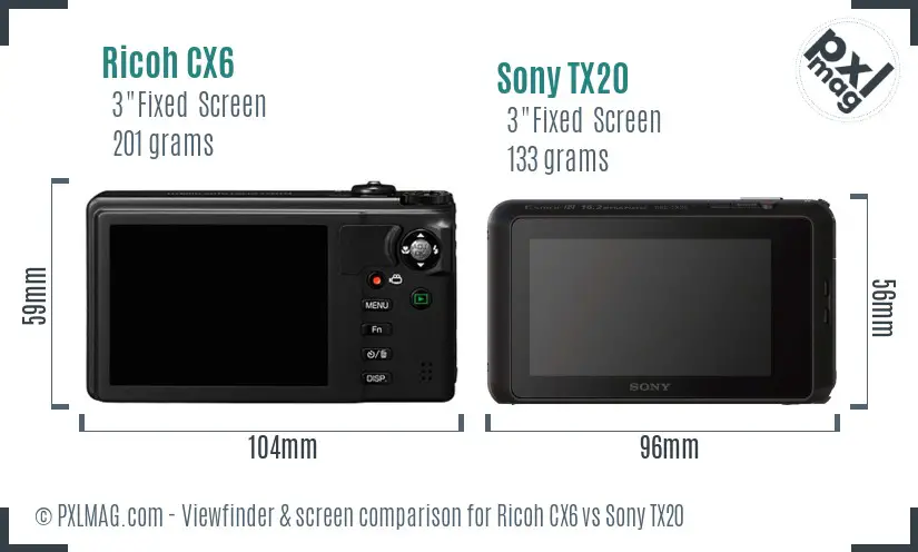 Ricoh CX6 vs Sony TX20 Screen and Viewfinder comparison