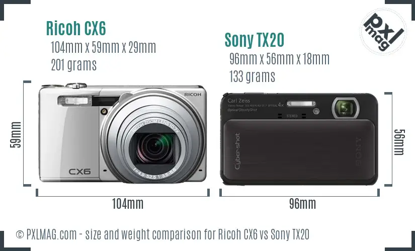 Ricoh CX6 vs Sony TX20 size comparison