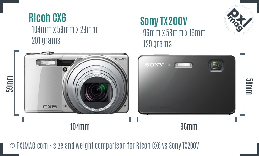 Ricoh CX6 vs Sony TX200V size comparison