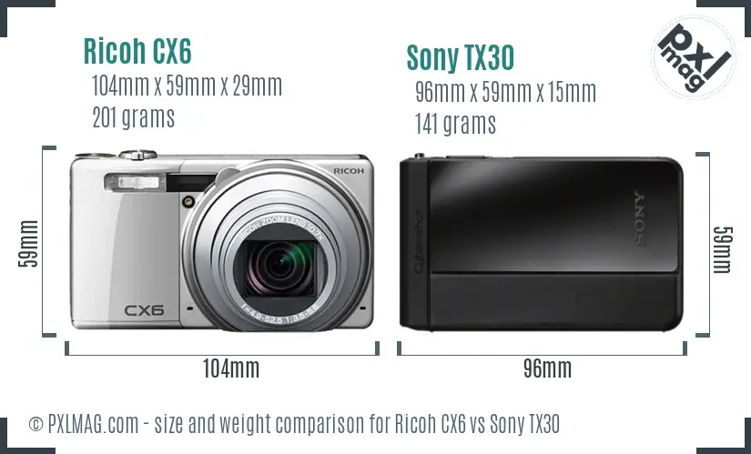 Ricoh CX6 vs Sony TX30 size comparison