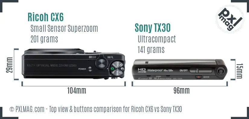 Ricoh CX6 vs Sony TX30 top view buttons comparison