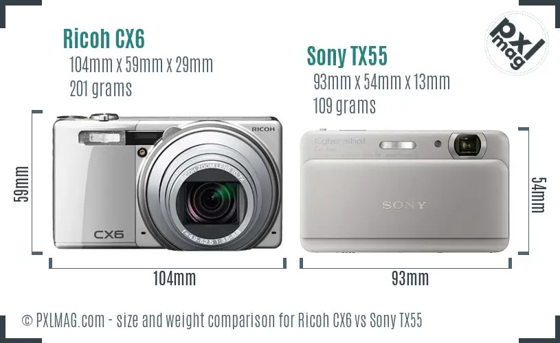 Ricoh CX6 vs Sony TX55 size comparison